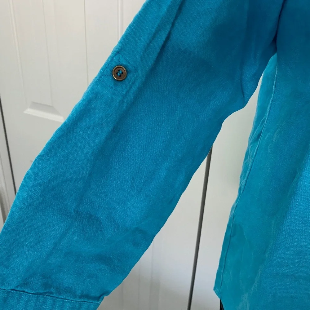 Chicos Turquoise Linen Button Up Blouse Sz M - Picture 4 of 6